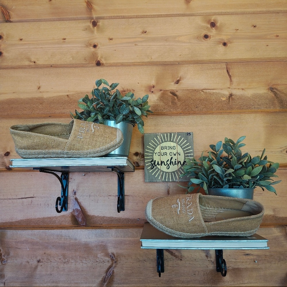 Prada Milano Embroidered Tan Jute Linen Burlap Shoe Espadrille Flats EUC Sz 36/6 - Picture 2 of 13